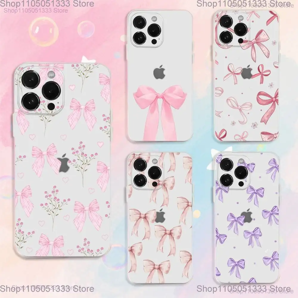 حافظة هاتف كورية لطيفة على شكل فيونكة وردية لهاتف آيفون 17,16,15,14,13,12,11 Plus,Pro,Max,XR,XS,Plus,E,SE4,غطاء شفاف صغير