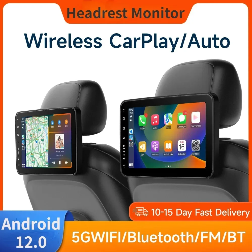 10.1\'\' Headrest Monitor Wireless Carplay Android 12 Auto Car Rear Seat Video Player FM Bluetooth AirPlay Input Full Touch Screen