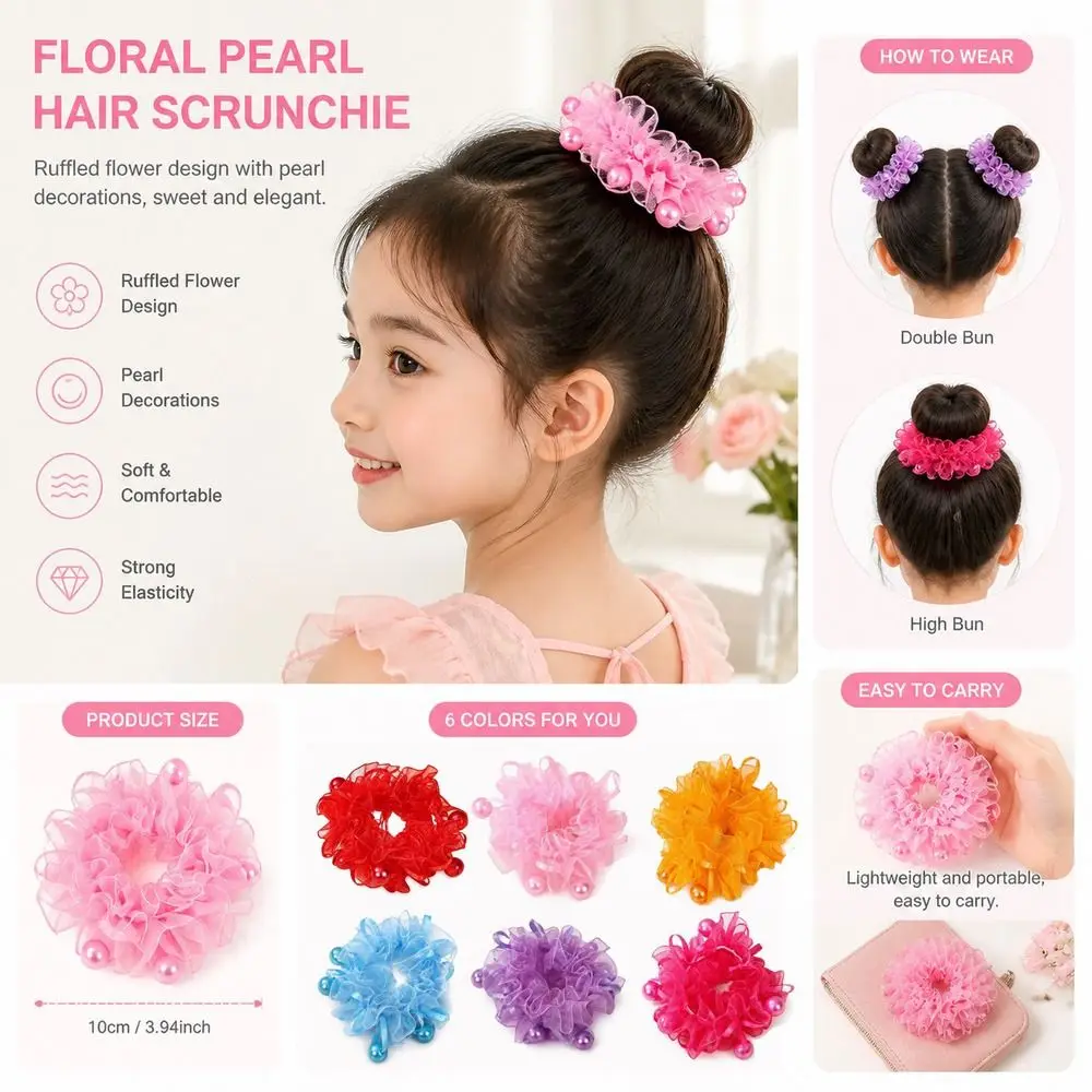 2Pcs Elastic Children Flower Pearl Hair Tie Colorful Hair Accessories Flower Hair Loop Ruffled Flower Hair Rope