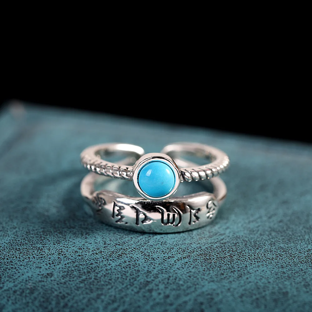 Natural Turquoise Tibetan Six Characters Buddhist Mantra Female Bridal Rings 925 Sterling Silver Jewelry For Women Layers Girls