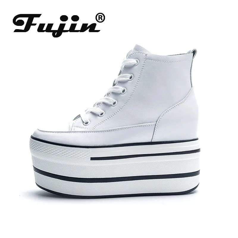 Fujin Women\'s High Top Sneakers Casual Leather Lace up Boots Sneakers For Woman Spring Autumn Shoes High Heels Sneaker Shoes