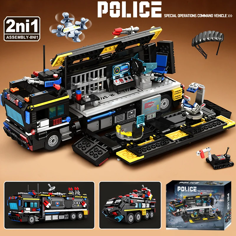 1100 Uds. Bloques de construcción de automóviles de estación de policía de ciudad MOC 2 en 1 SWAT equipo camión casa montar bloques Diy juguete para niños regalo