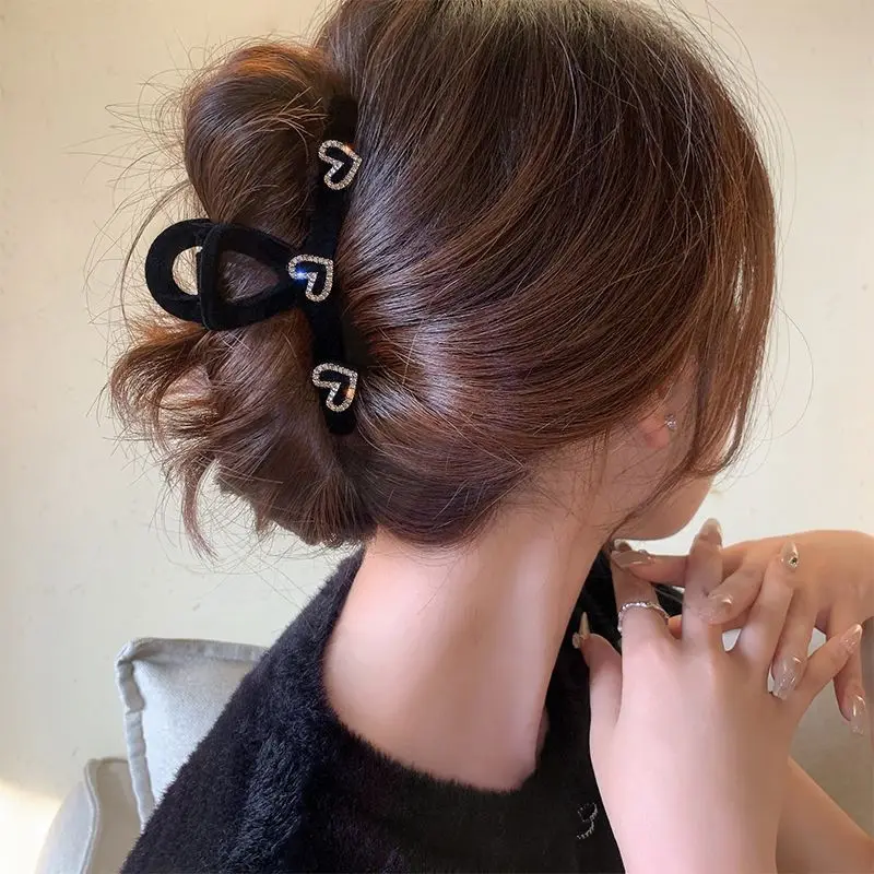 Love Rhinestone Premium Black Flocking Clip Headwear Large Hair Clip High Horsetail Pan Hair Clamping Clip Female Hair Jewelry