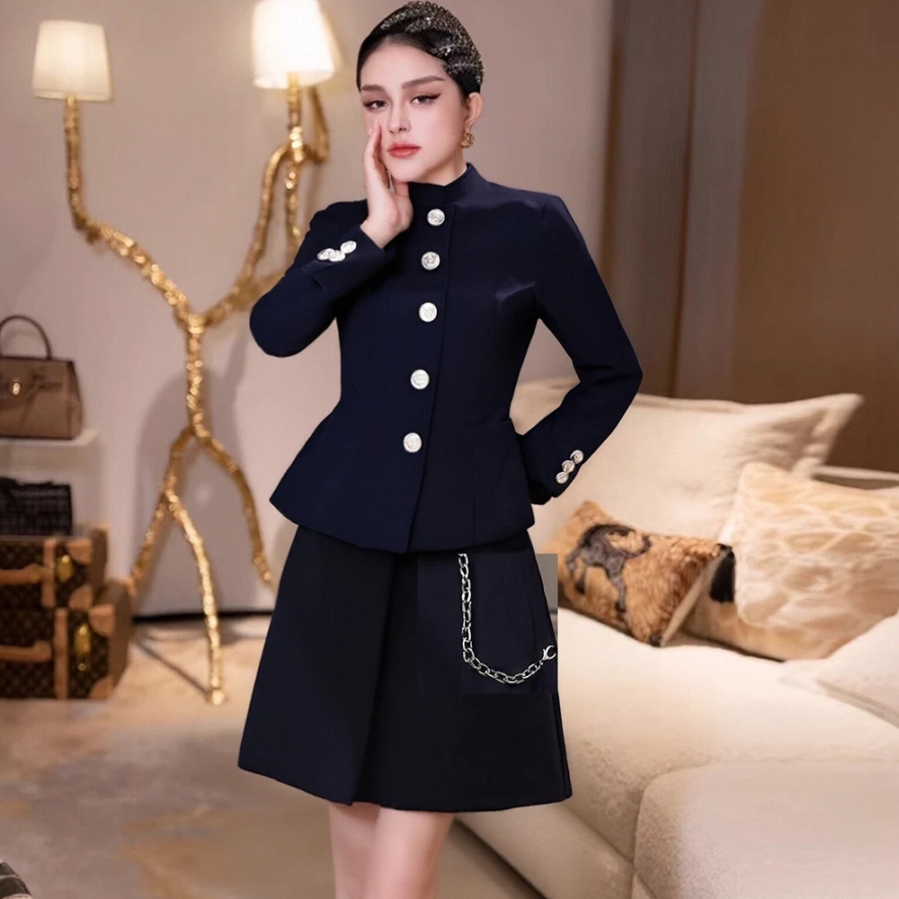 

ZJYT Runway Fashion New 2026 Spring Womens Jacket Suit with Skirt Set Two Piece Outfit Office Lady Work Wear Party Blue Suits