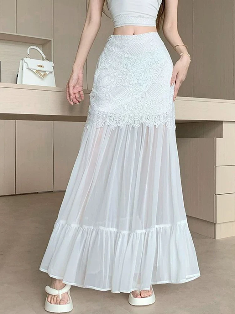 Zwart Kant Patchwork Vrouwen Rok Y2K Zomer Dunne Mesh Stiksels Een Lijn Rok Hoge Taille Elegante Kantoor Dame Slanke Midi Rokken Nieuw