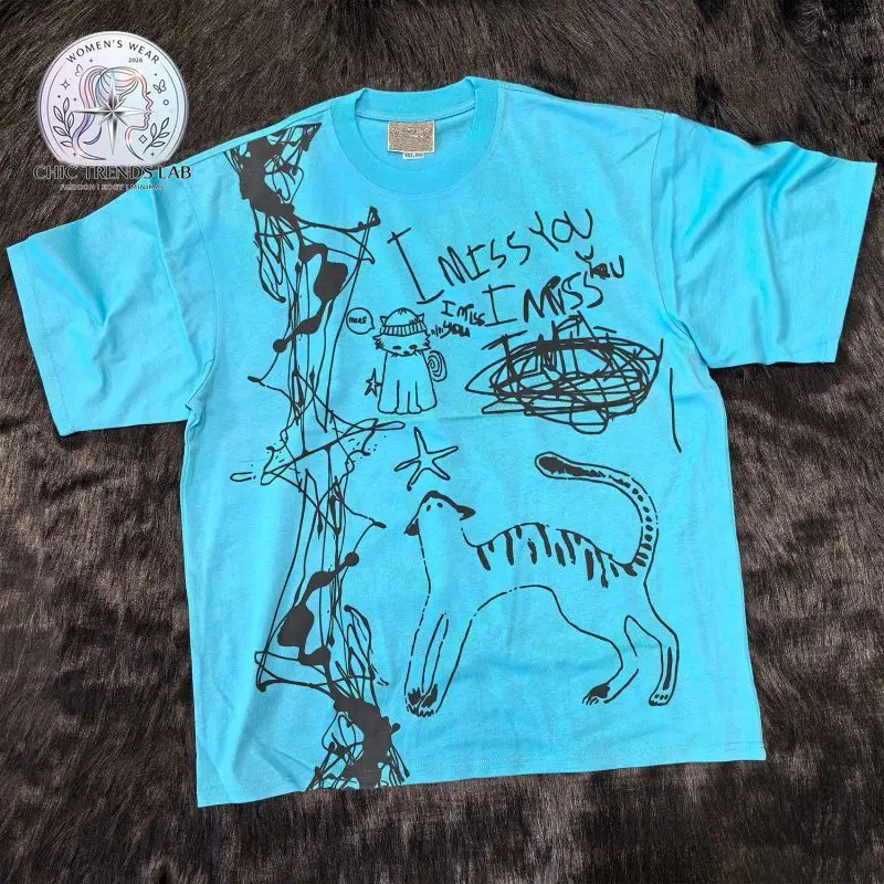 Y2K Shibuya Graphic T Shirt Oversized Harajuku Blue Cotton Tee Gothic Grunge Punk Indie Doodle Cat Top Unisex Alt Clothes Summer