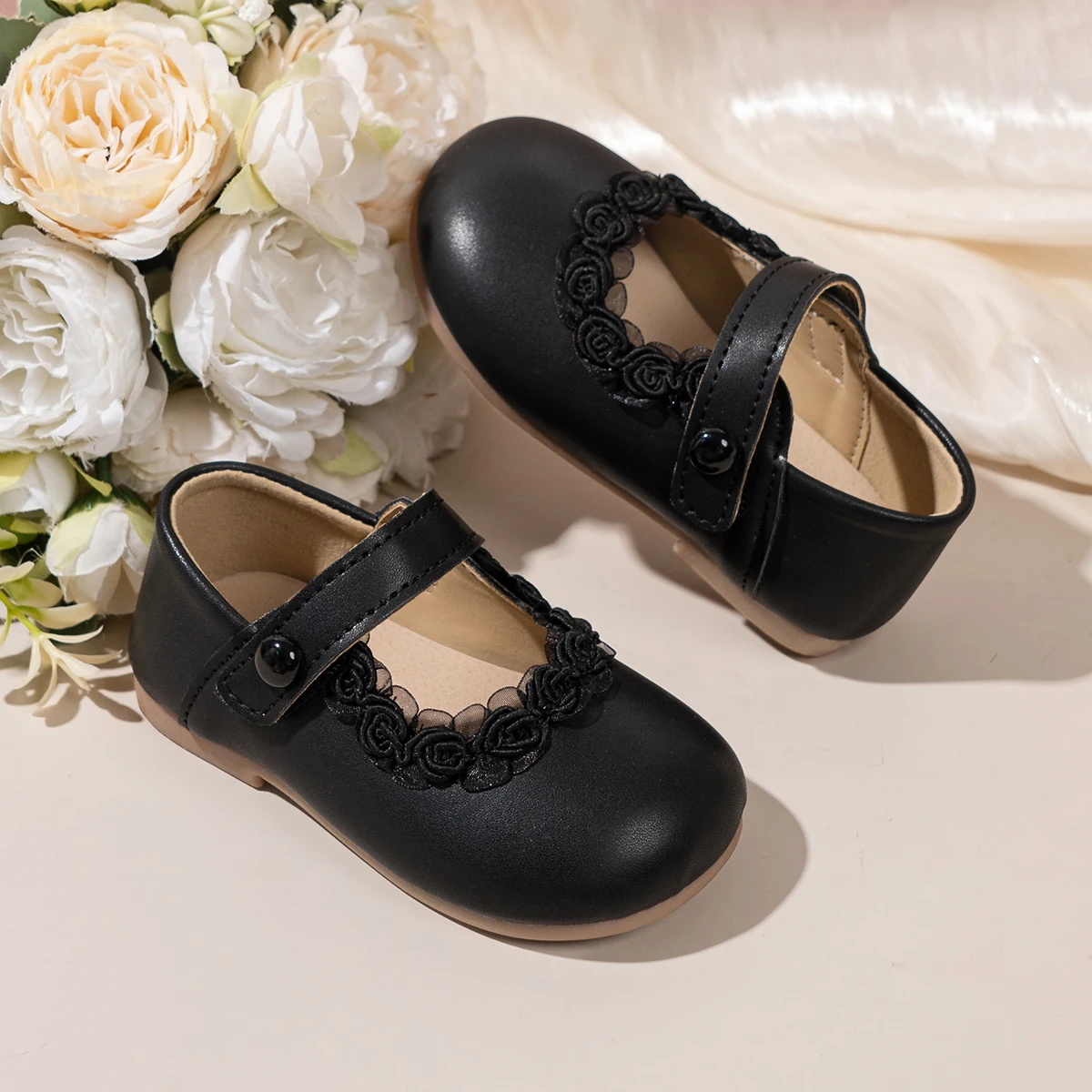 Girls' Lightweight Anti-Slip Leather Shoes Korean Round Toe Lace Sweet Princess Children's Shoes Shallow Mouth New Version 21-30