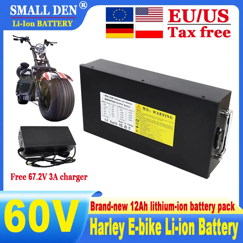 60V 12Ah 16S 18650 Harley Lithium Battery 30A BMS 2000W high-power waterproof Electric cars, scooters, bicycles+67.2V 3A charger