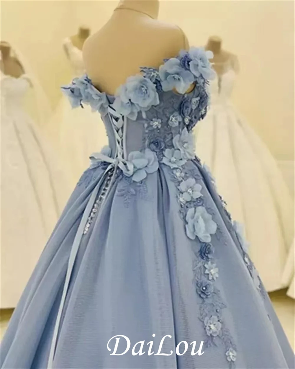 Licht Blau Blumen Prom Kleider Off Schulter Ärmellose Lange Formale Party Kleider robes de soirée vestidos de fiesta