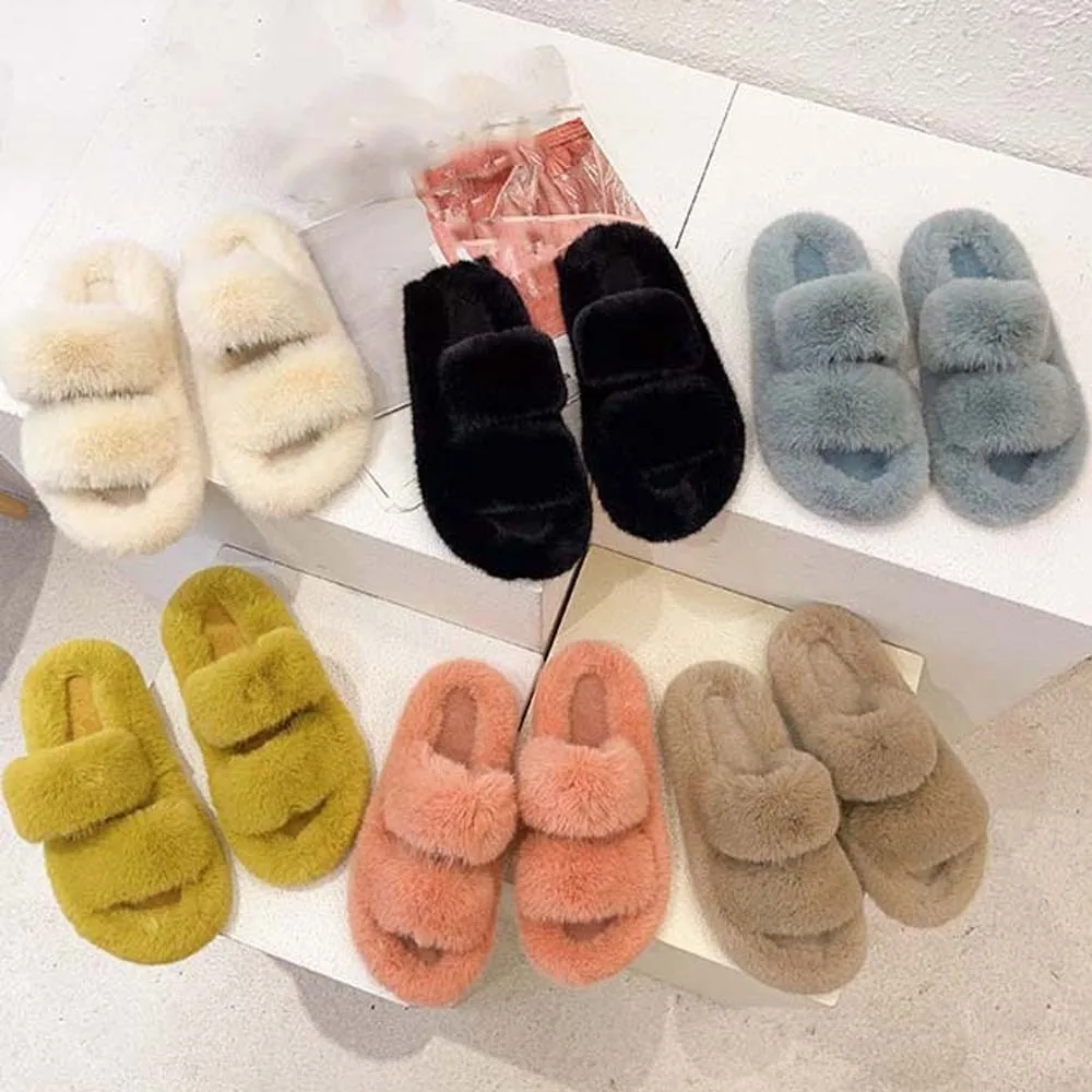 Soft Winter Open Toe Slippers Double-bar Anti-slip Plush Cotton Slippers Furry Solid Color Warmer Home Cotton Shoes Autumn