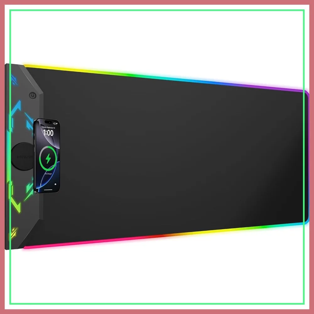 RGB Gaming Mouse Pad 35x15.8 Large Desk Mat with Wireless Charging, 24 Light Effects, Non-Slip Waterproof Surface, Black