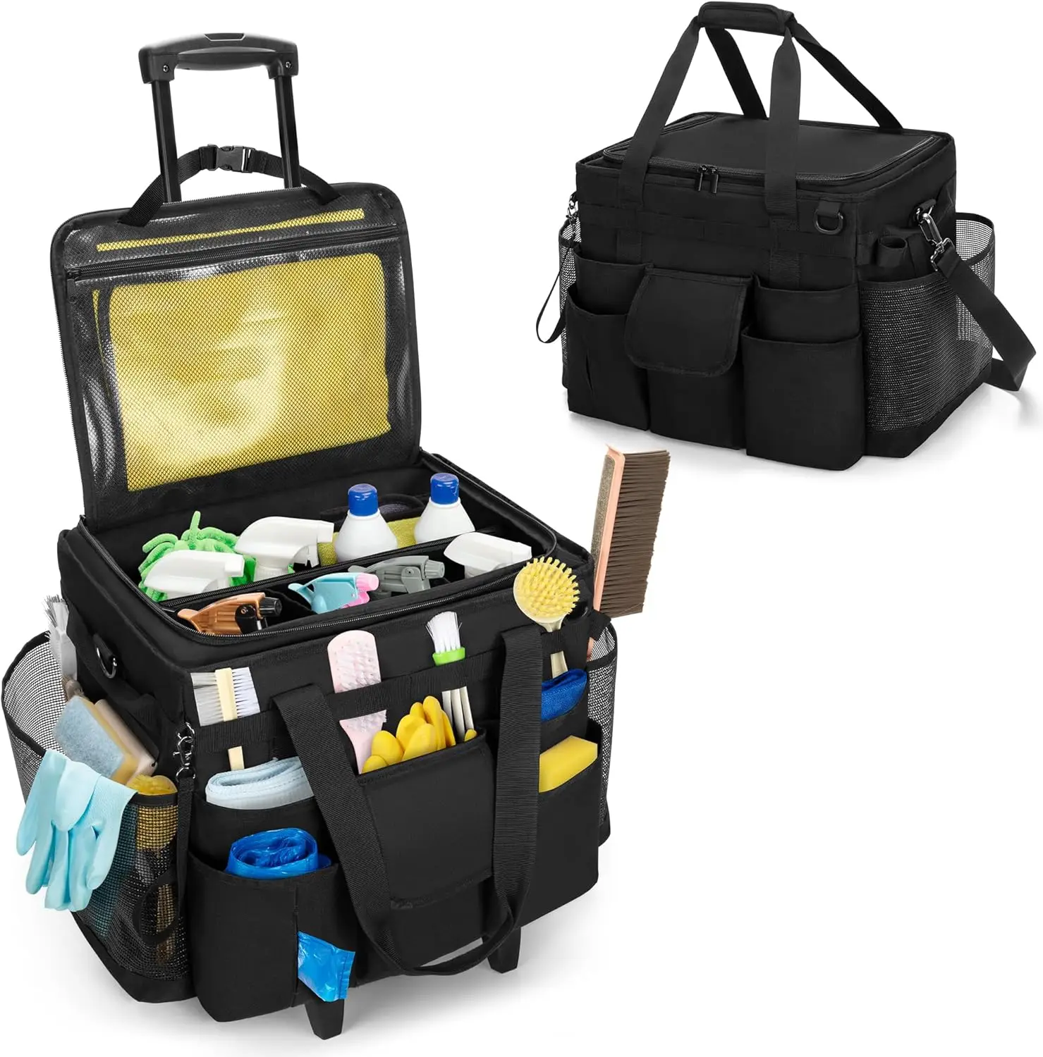

Rolling Cleaning Caddy with Lid, Detachable Trolley Organizer on Wheels for Housekeepers, Includes Handle and Shoulder Strap