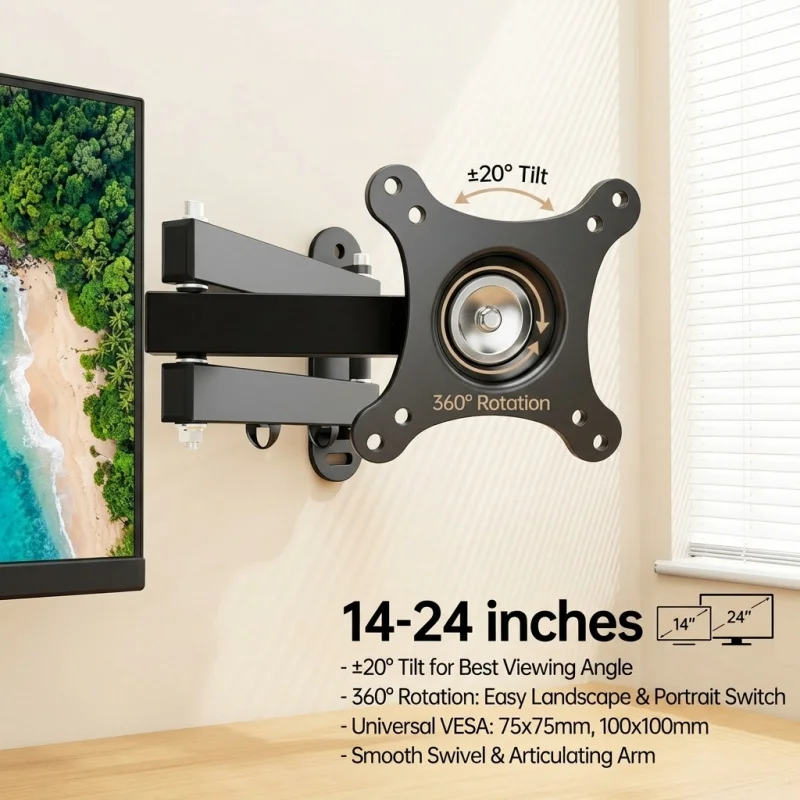 Universal 14-24 Inch TV Wall Mount Bracket 360 Degree Rotating Computer Monitor Stand 20 Degree Tiltable Flat Panel Screen Holde