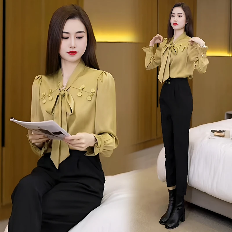 

Ele Long Sve Women's irt Knot Chiffon Top Agel Faion Spring 2024 Commute Sle V-Ne Loose Fit Polye...