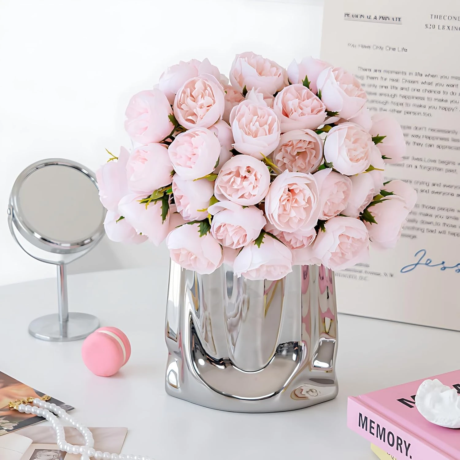 

Camellia Silk Flowers in Vase, 18PCS White Artificial Arrangements for Table Bathroom Dining Room - Faux Bouquet Fake plants