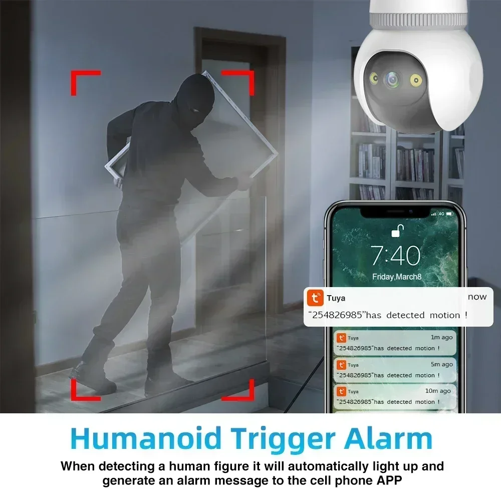 5MP E27 Bulb WiFi Tuya Smart Life Camera Floodlight Auto Tracking Two Way Audio Color Night Vision Outdoor Security Camera