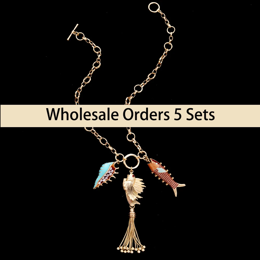 

Wholesale-5 sets Mermaid enamel Bohemian Gold Fish Pendants Accessories Choker sea life Necklace Jewelry Trend 2024