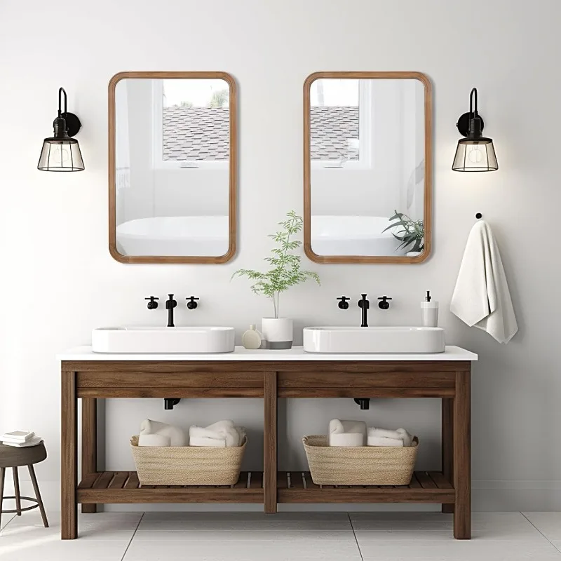 Wood Bathroom Mirror for Wall 20x30 Inch Wooden Frame Rectangle Mirror for Farmhouse Bathroom Vanity Wall Mounted Decorative