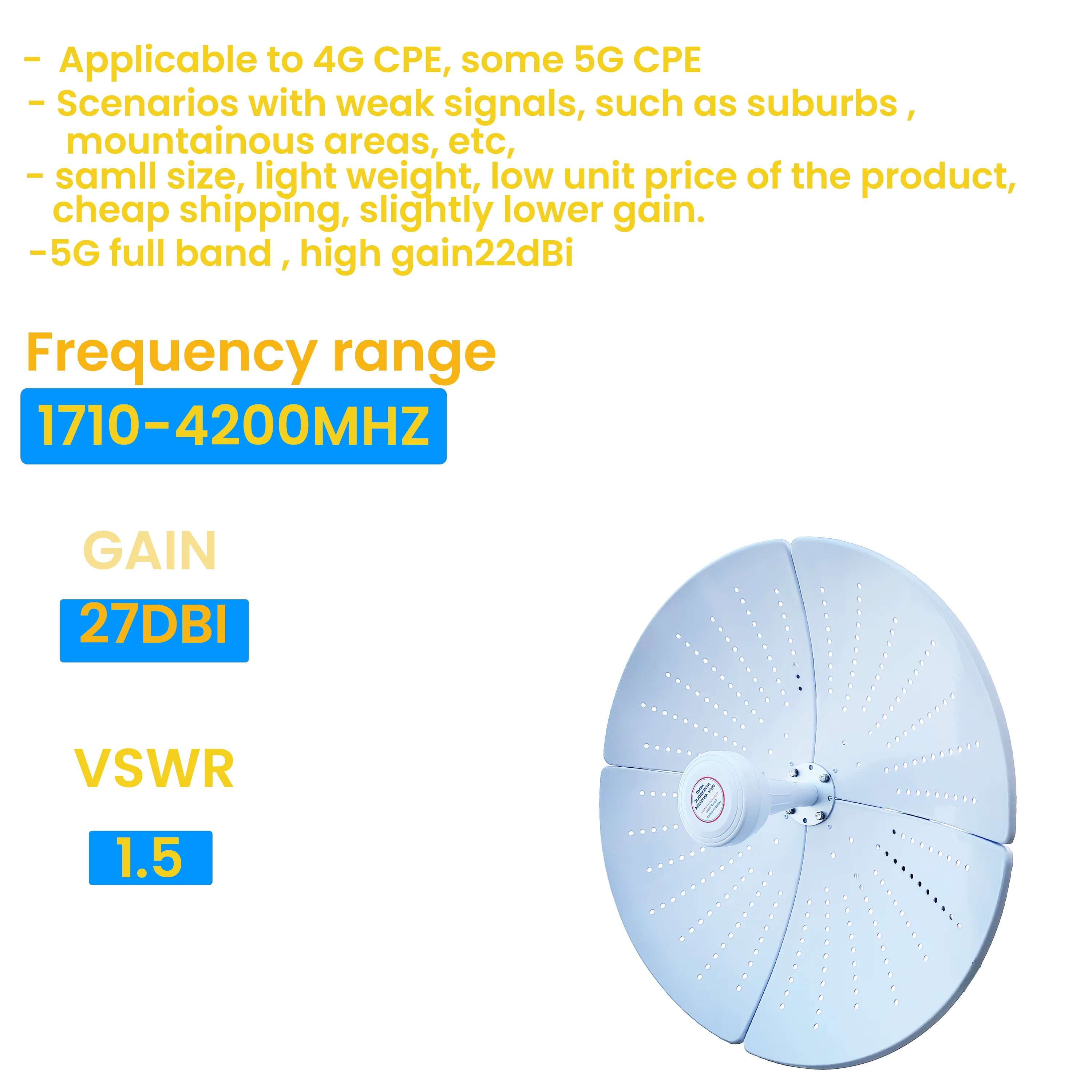 1710-4200MHz 27dBi  Dual Polarized MIMO Dish Parabolic 5G Antenna MIMO Antenna  4g5g Wifi signal amplifier antenna