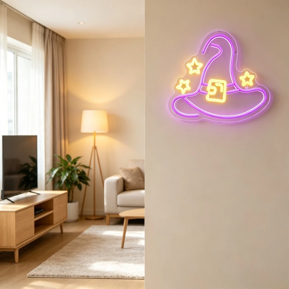 Star Witch Hat LED Neon Sign Dimmable Neon Light Halloween Bookstore Wall Light Haunted Themed Party Bedroom Living Room Decor