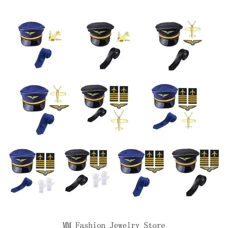 D0UB Airline Captain Costume Flight Attendant Role Play Outfit Hat Uniform Epaulets Neck Tie Gloves Adult Halloween Costume