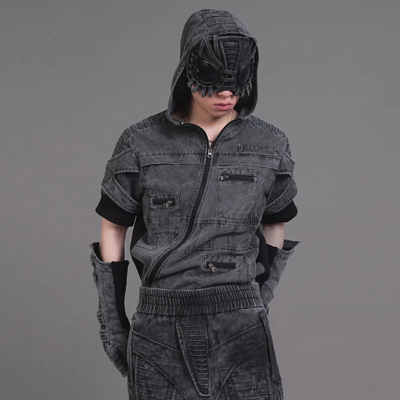 PFNW Asymmetric Cotton High Quality Workwear Dark Grey Function Style Distressed Hooded Shirt Men's Tide Short Sleeve  12C1960