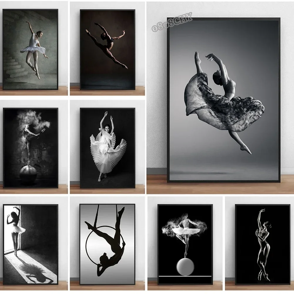 Modern Ballerina Dancing Angel Dancer Poster Painting Canvas Print Black White Portrait Wall Art Mural for Home Dance Room Decor