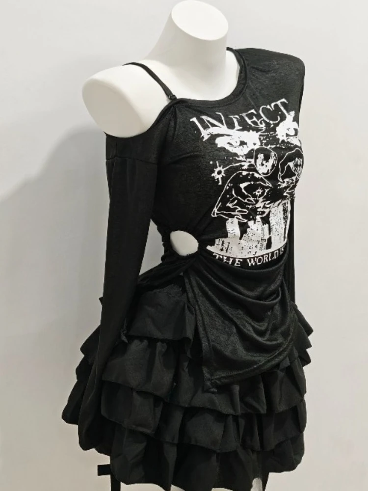 Y2k Punk Gothic T Shirts Skew Collar Long Sleeve Off Shoulder Forked Print Tops Harajuku Vintage Tees Streetwear Women Clothing