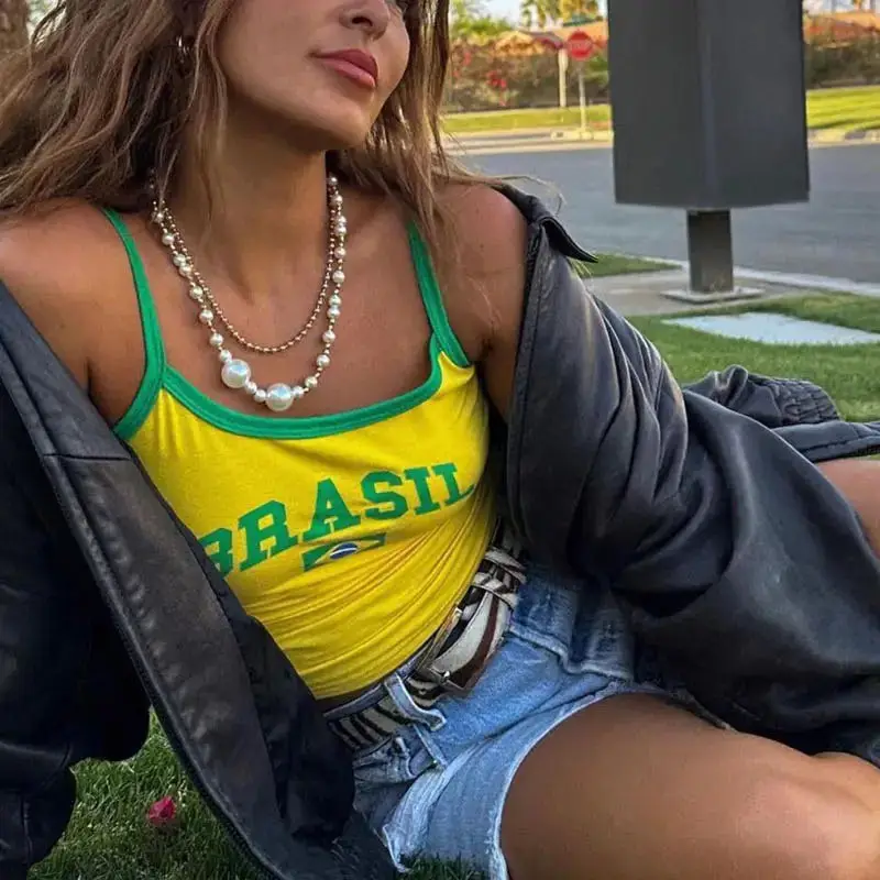 Heißer Verkauf frauen T-shirt Brasilien Brief Ästhetischen 90s Crop Tops Sommer Kurzarm T-stücke Kpop Streetwear Harajuku Y2K kleidung