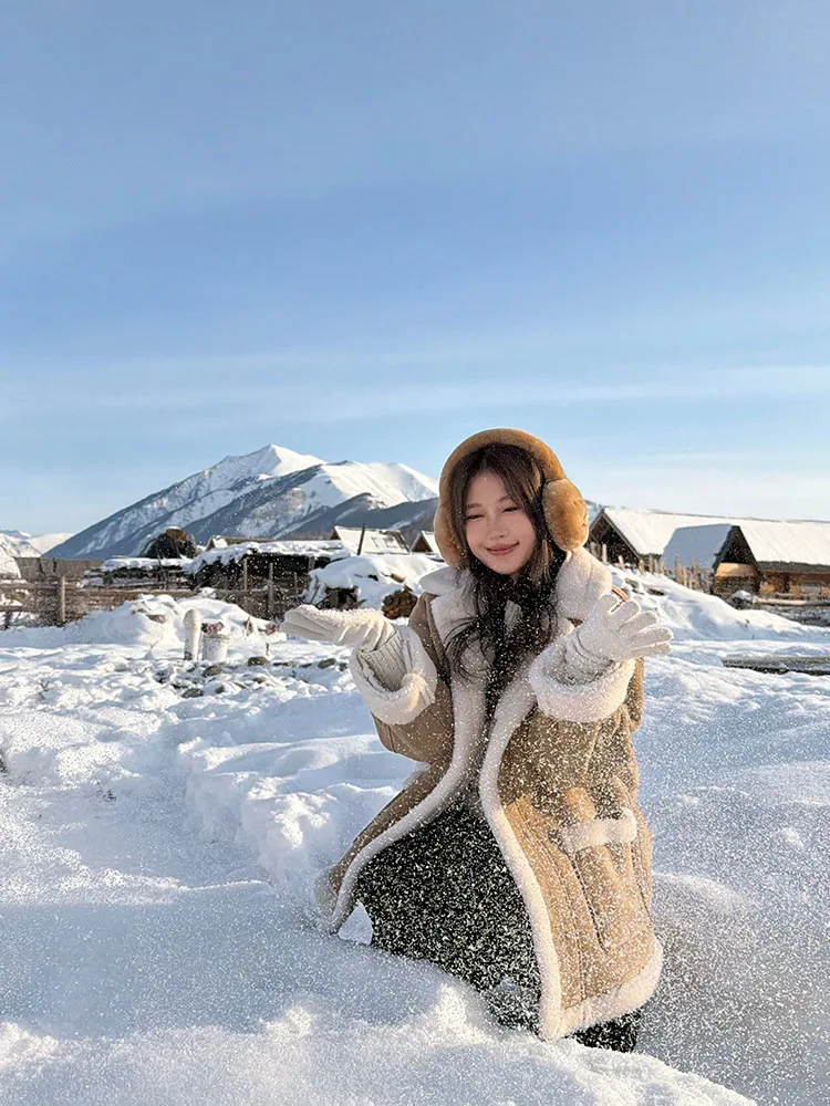 

Special Dyed Korean Sle Suede Jaet Women's Winter Warm Loose Fur Coat Long Sve Mid-Length Casual Sle Button Closure