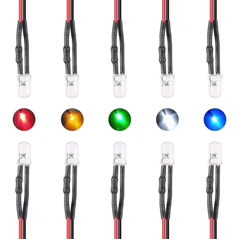 50pcs 12V 5mm LED Diode Lights 7.9 Inch Pre Wired 5 Colors X 10pcs Assorted Kit White Red Green Blue Yellow Warm-White Emitting