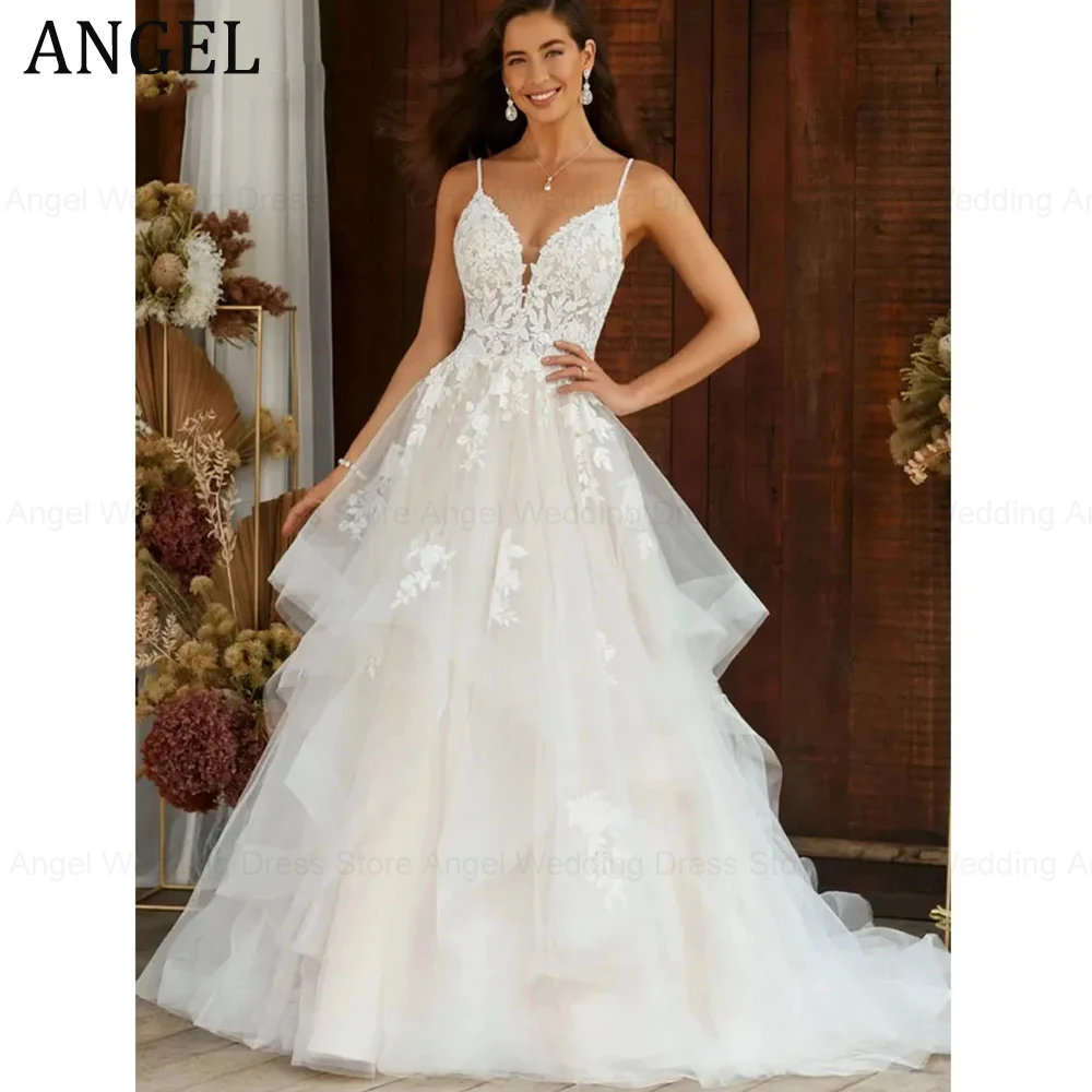 ANGEL-Robe de Mariée Élégante Style Boho, Col en V, Ligne A à Plusieurs Niveaux, Dentelle, Appliques, Dos aux, Patients, Quelle que soit la Collection 2024