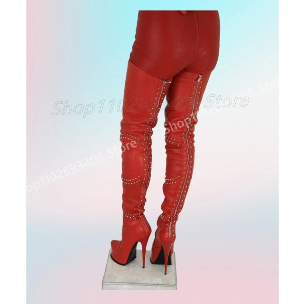 Red Matte Leather Round Rivets Over the Knee Boots Zipper Stiletto High Heel Fashion Sexy 2024 New Autumn Zapatos Para Mujere