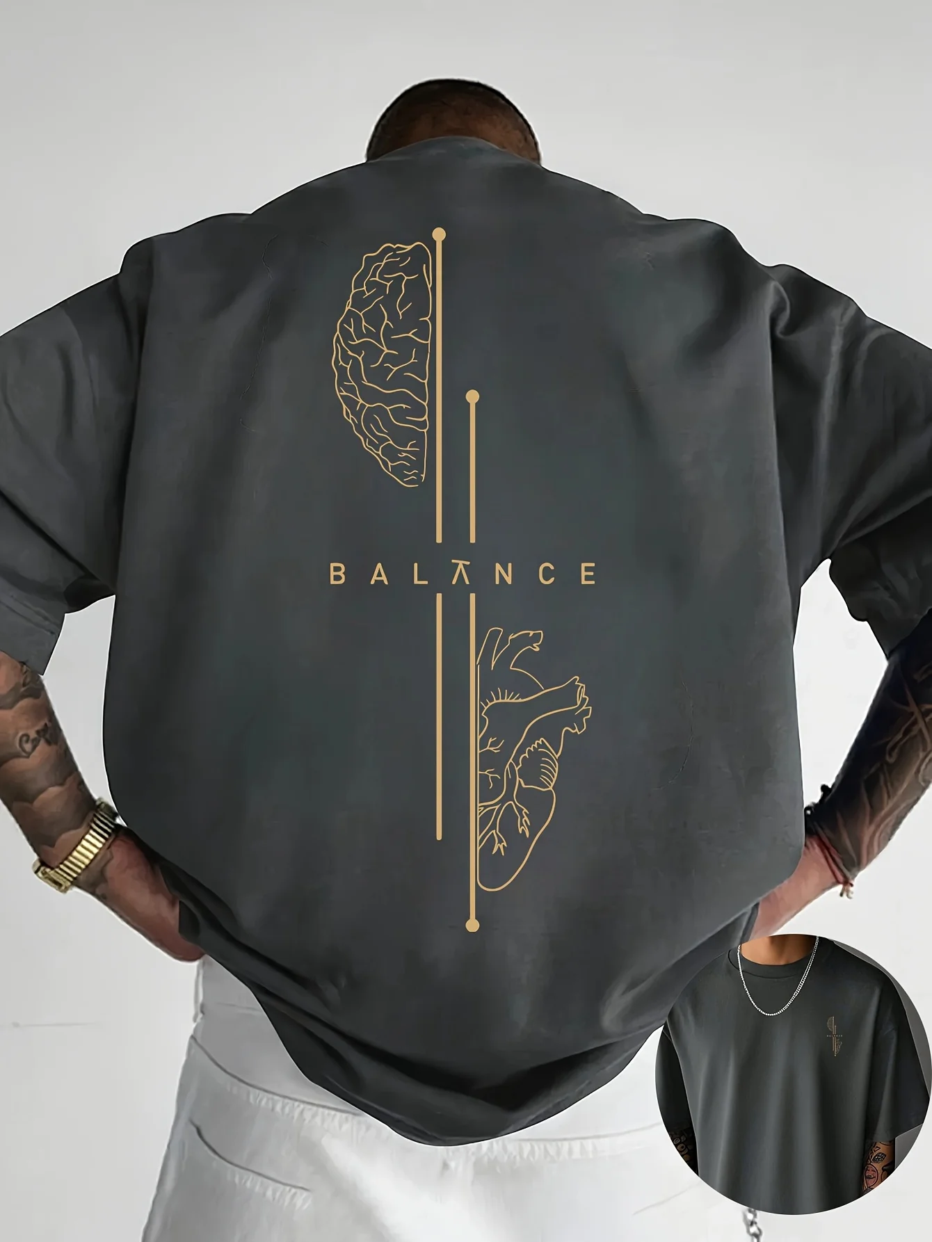 Gehirn- und Herz-Linienkunst Grafik Bedrucktes T-Shirt für Männer und Frauen, Baumwolle, Locker Geschnitten, Lässiges Kurzarm-T-Shirt, Herren-T-Shirts, Herrenbekleidung – Detail 9