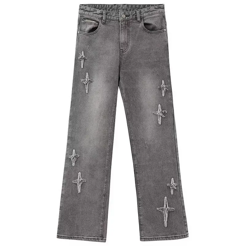 American high street retro distressed cross star embroidered jeans for men Korean style slim micro-flared pants y2k couple pants