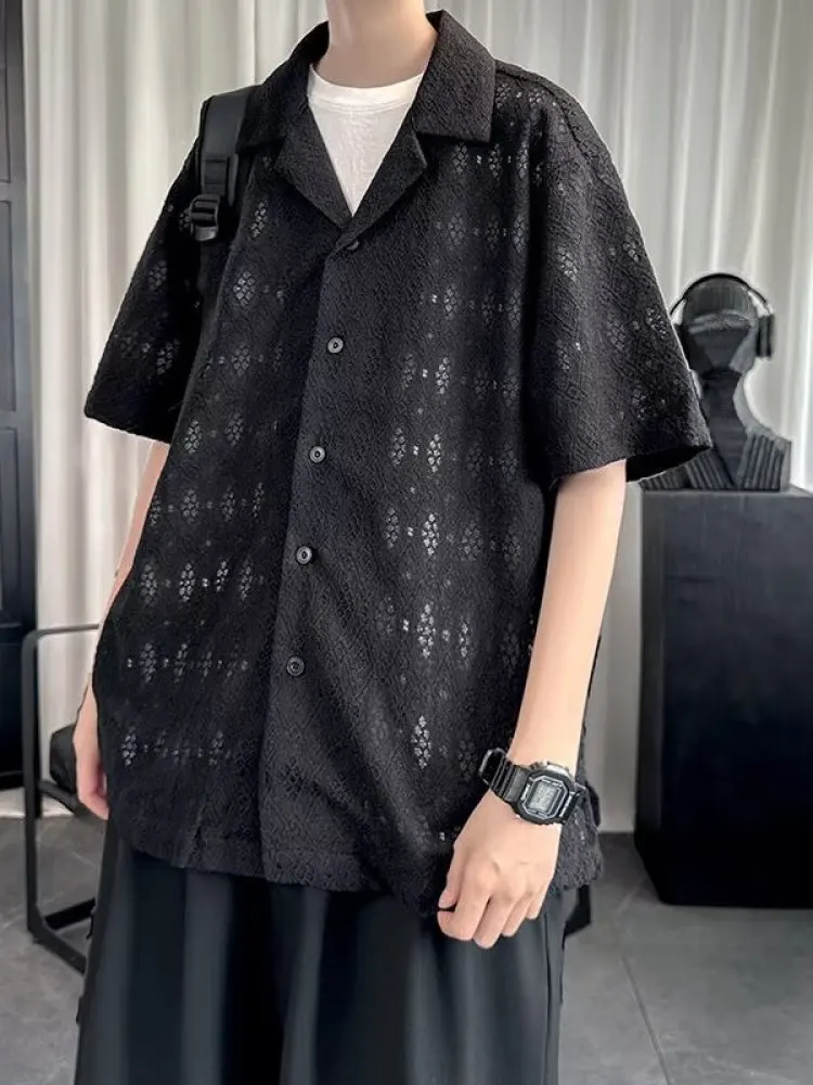 

Men's Summer Hollow out ort Sve irt Cuban Collar Loose Fit Faionable Brand Breathable Thin Youth ular Pure Color