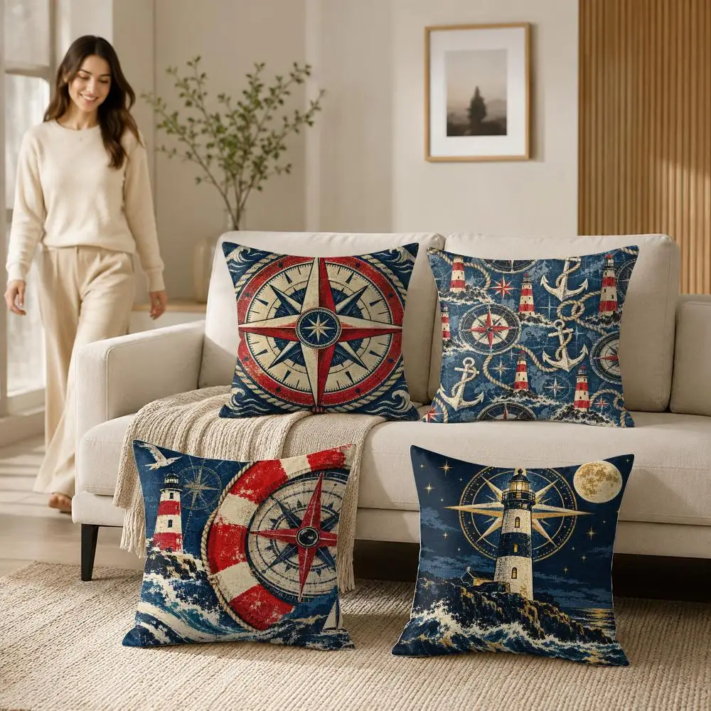 Nautical Compass Art Cushion Cover 1/4Pcs Soft Plush Throw Pillow Cover Double-Sided Print Sofa Living Room Decor