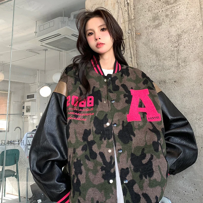 Kurtki baseballowe z literą M damskie wygodne kontrastowe z przeszyciami młodzieżowe ze skóry bydlęcej w stylu cargo petite casual ocieplane sportowe