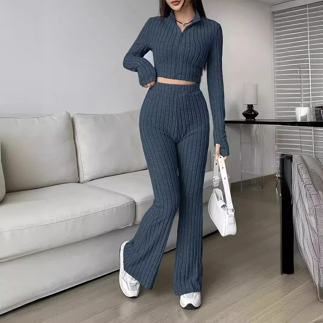 Two Pieces Women Pant Sets Casual Matching Sets Solid Zipper Long Sleeves Short Loose Top Empire Waist Flare Pants 2025 Autumn