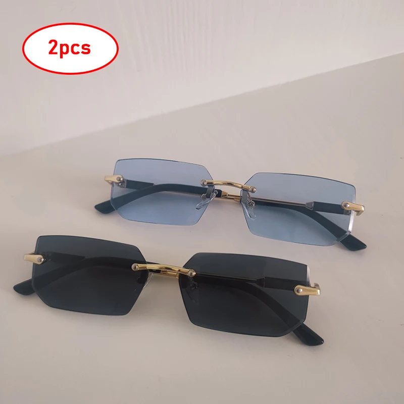 

2pcs Rimless Rectangle Sunglasses For Men Women Trendy Small Frame Square Female Sun Glasses Summer Outdoor Shades Eyewear