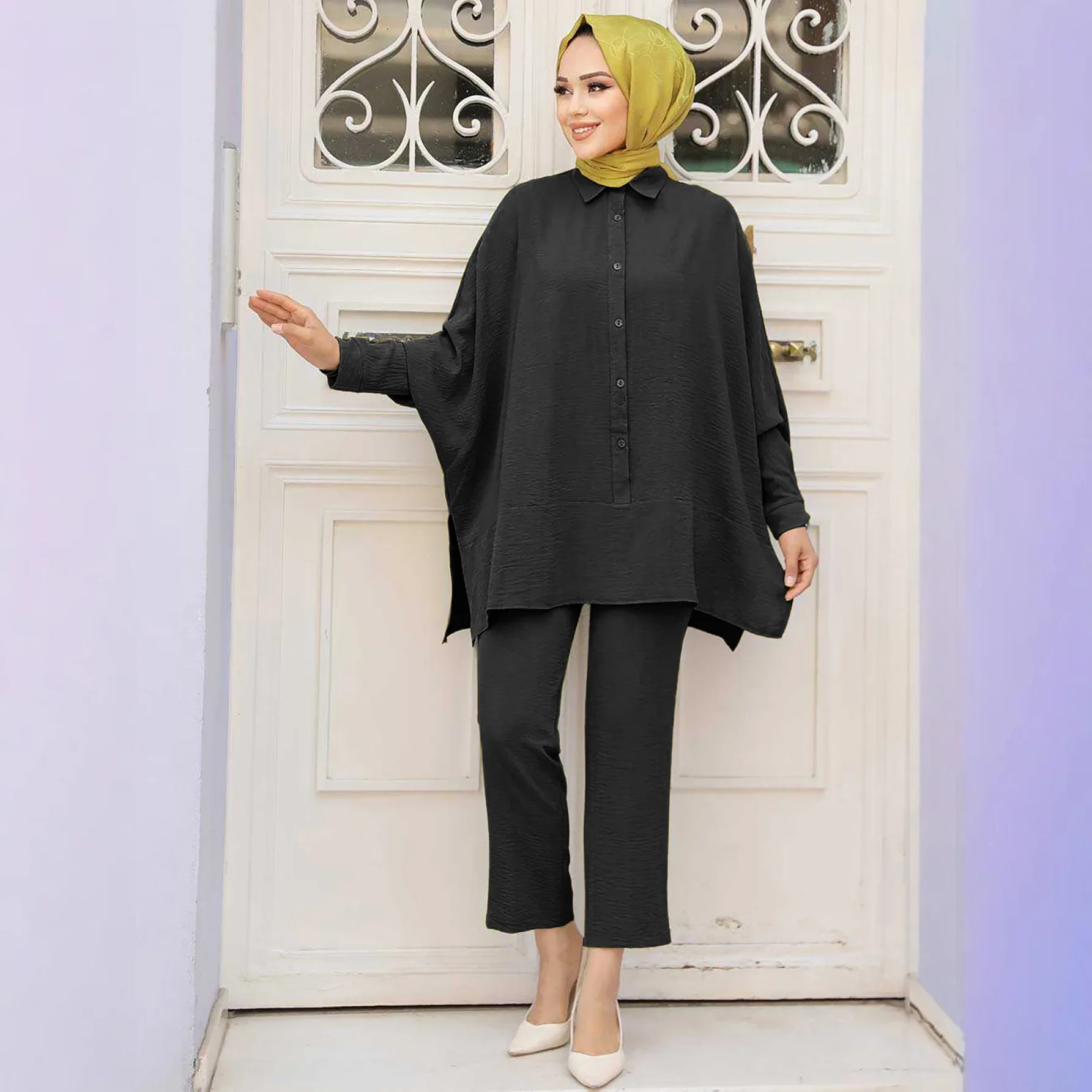 2PCS Women Long Sleeve Shirt Trousers Loose Tops Pants Muslim Sets Eid Ramadan Turkey Dubai Abaya Kaftan Outfits Islam Clothing