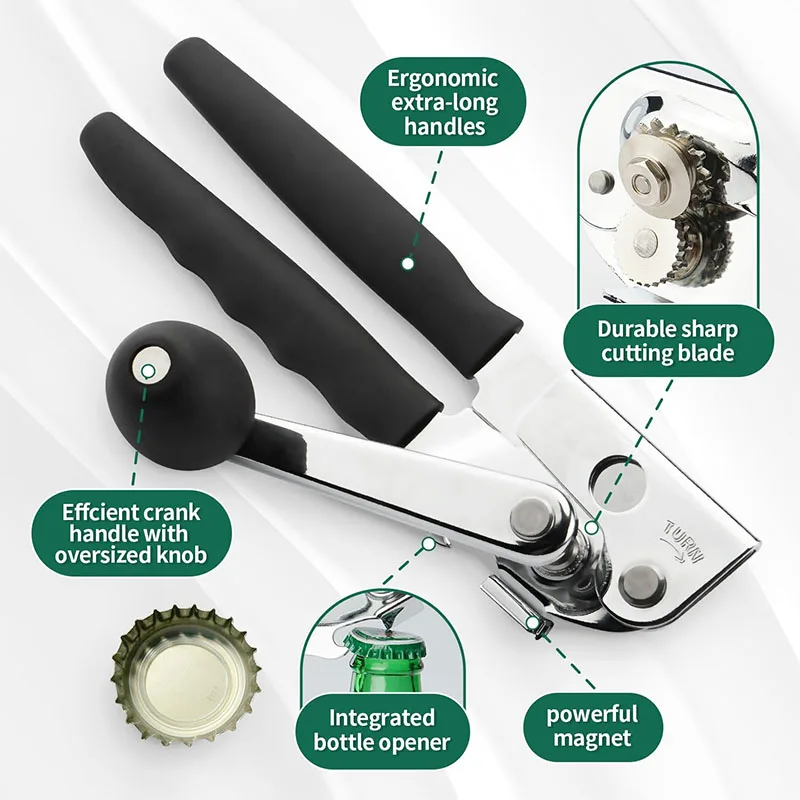 Manual Can Opener Heavy Duty Commercial Bottle Can Openers with Magnet Handheld Smooth Edge Stainless Steel Opener for Kitchen