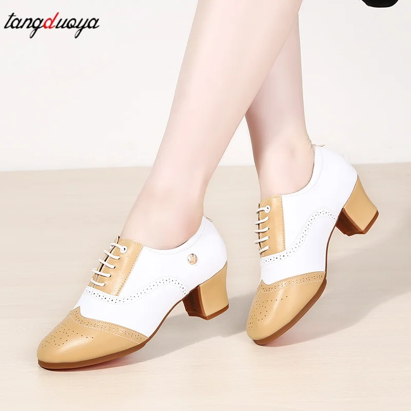 Women Dance Shoes Latin Microfiber Upper Soft Rubber Sole Tango Jazz Salsa Ballroom Shoe Non-Slip Middle Heel Ladies Sneakers ﻿