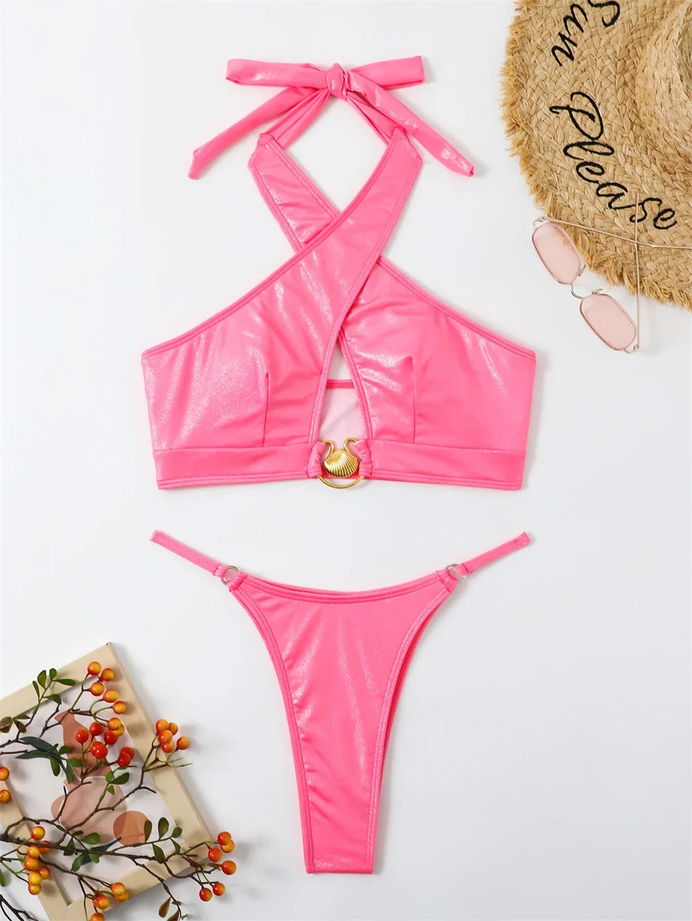 Cute Pink Bikini Cross Halter Bandage Swimsuit Push Up Swimwear Sexy Women Two Pieces Y2K Beach Bathing Suits Thongs Bikinis Set