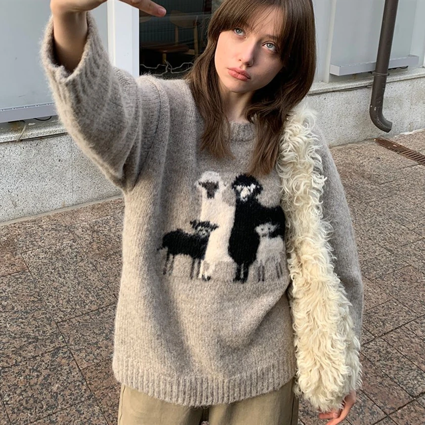 Vintage Gray Y2K Cute Cartoon Sheep Embroidery Jacquard Sweater Soft Warm Winter Jersey Jumper Harajuku Kawaii Winter Clothes