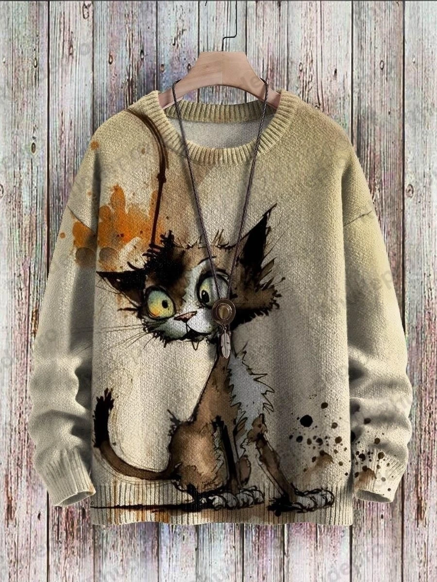 Men's Retro Crow Flower & Ferocious Gorilla Pattern 3D Printed Knitted Pullover Sweater Winter Unisex Casual Knitwear