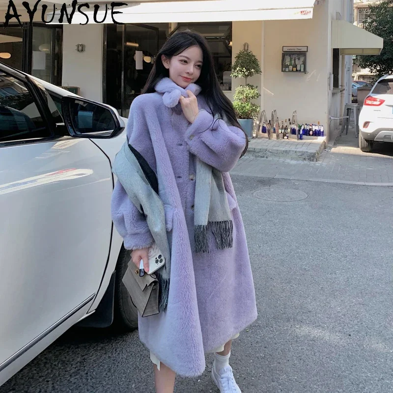 

100% AYUNSUE Sheep Shearing Jacket Woman Winter Wool Coats for Women 2024 Elegant Long Fur Coat Standing Collar Casaco Feminino