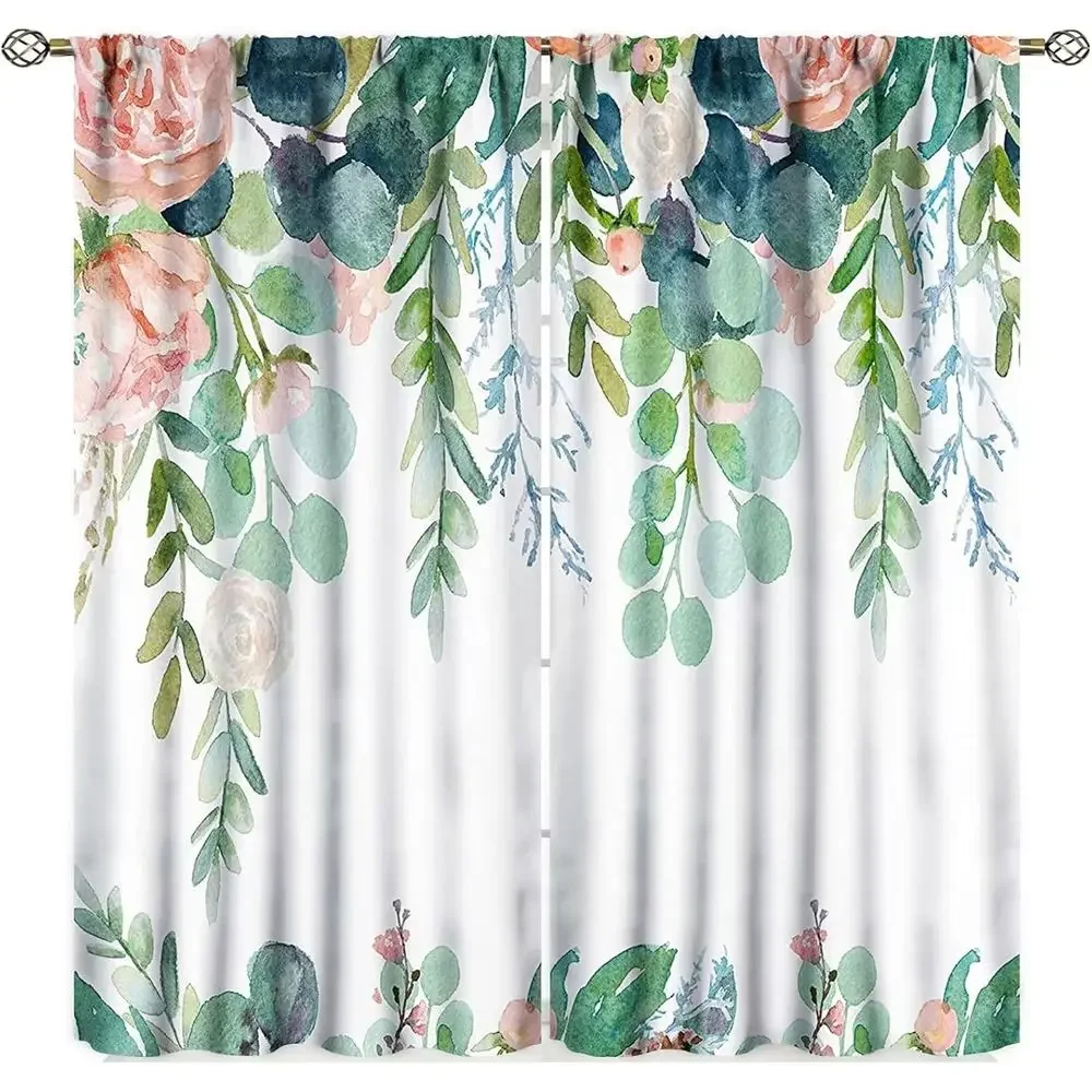 Watercolor Green Leaves and Floral Curtains for Women's Bedroom, 84x84 Spring-Themed Blackout Panels