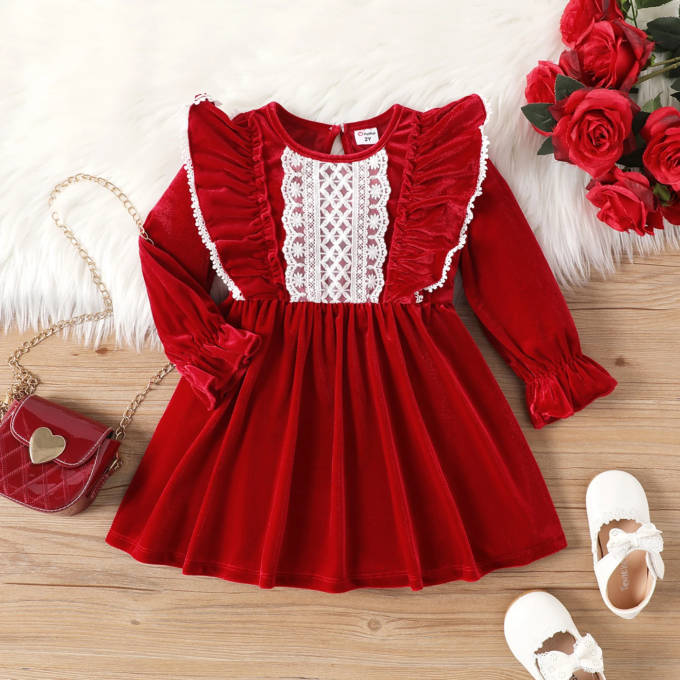 PatPat Toddler Girl Solid Color Christmas Sweet Ruffle Dress