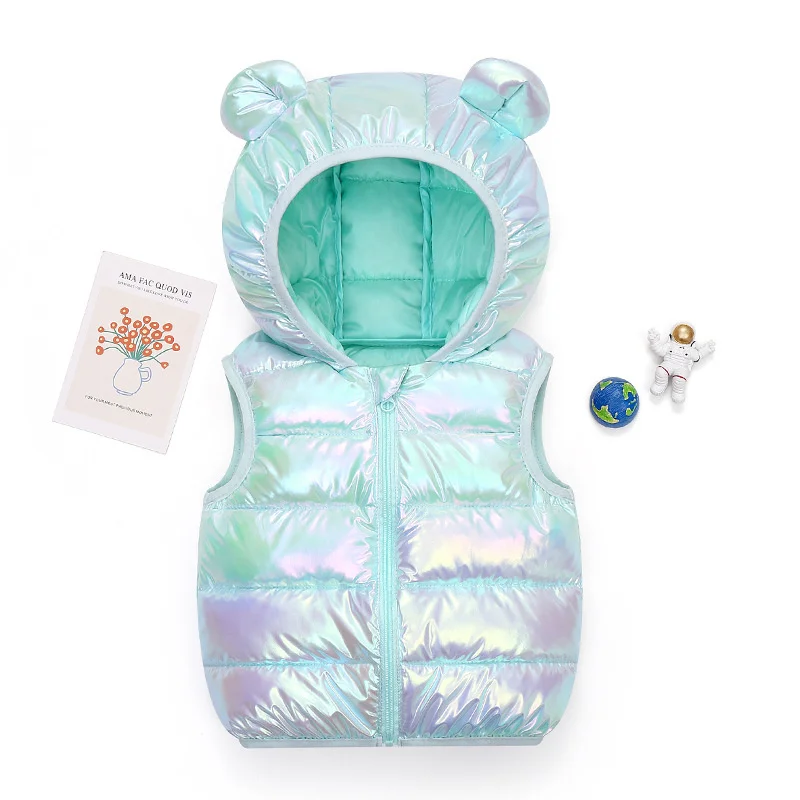 2023 Autumn New Boys Girls Warm Down Vests Baby Shiny Outerwear Vest Kids Clothing Vest Jackets Children Hooded Cotton Waistcoat